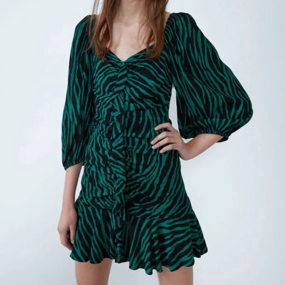 ZARA Mini Dress Ruffle Front Ruched Flare Zebra - Picture 10 of 10